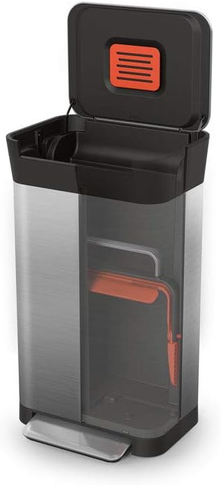 This smart trash can has a 90-liter capacity when compacted and also comes with a trash can with an odor filter