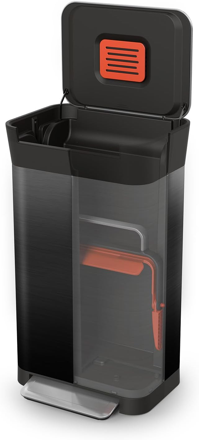 This smart trash can has a 90-liter capacity when compacted and also comes with a trash can with an odor filter