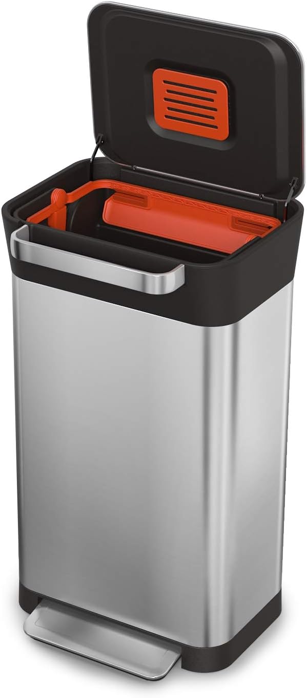 This smart trash can has a 90-liter capacity when compacted and also comes with a trash can with an odor filter