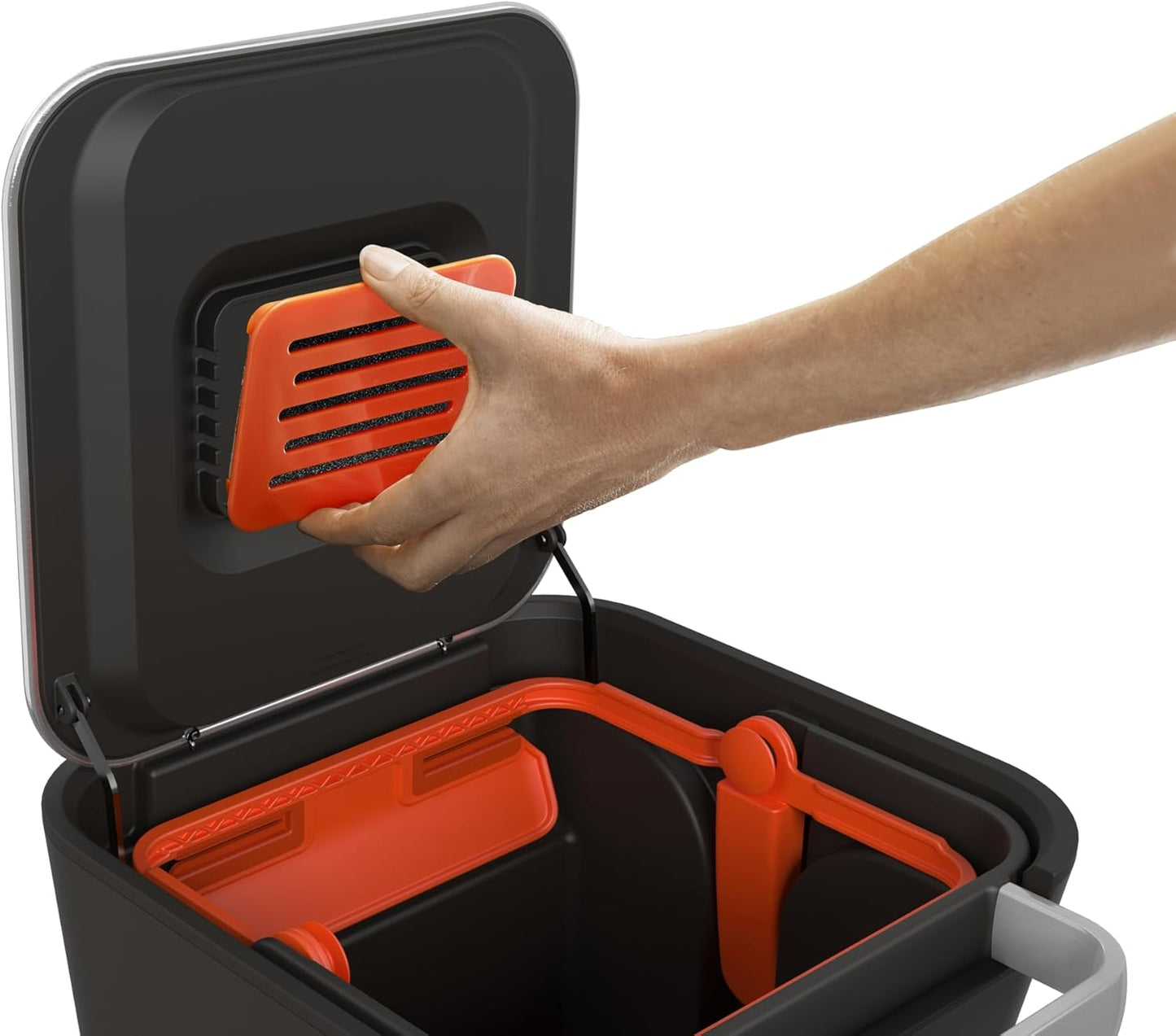 This smart trash can has a 90-liter capacity when compacted and also comes with a trash can with an odor filter